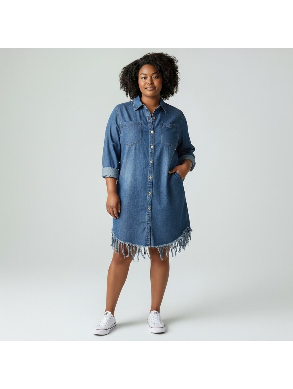 Workshop Republic Denim Fringed Tassel Shirt Dress Distressed Blue 1X